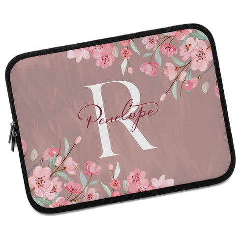Pink Cherry Blossom Monogram Custom Name Laptop Sleeve